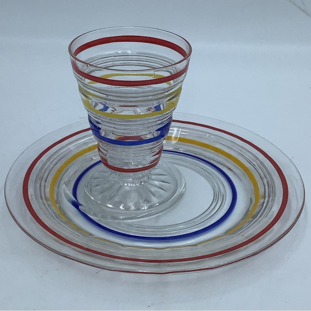 Set of Three Vintage Striped Glass Cordials and Snack Plates - Picture 2 of 11